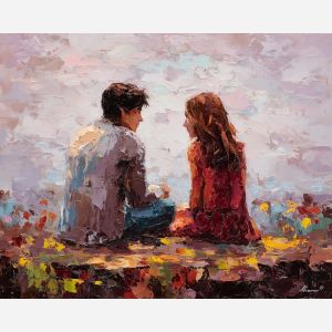 shared, quiet, moment, palette knife, oil painting, impasto, thick pigment, layered surface, scraped paint, textured strokes, expressive surface, material depth, hand painted, visual balance, atmospheric, color interaction, paint ridges, manual technique