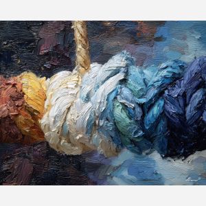 threaded, bundle, palette knife, oil painting, impasto, thick pigment, layered surface, scraped paint, textured strokes, expressive surface, material depth, hand painted, visual balance, atmospheric, color interaction, paint ridges, manual technique