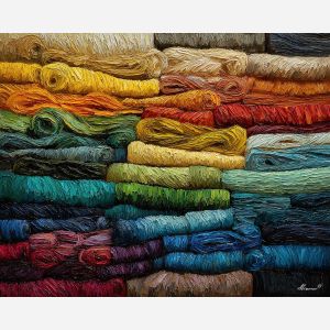 layered, thread, palette knife, oil painting, impasto, thick pigment, layered surface, scraped paint, textured strokes, expressive surface, material depth, hand painted, visual balance, atmospheric, color interaction, paint ridges, manual technique