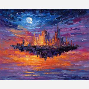 crystal city,floating architecture,oil painting,afremov style