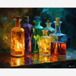 alchemy minimal,magic vials,oil painting,afremov style