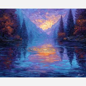 calm lake,magic symbol,minimal fantasy,oil painting,afremov style