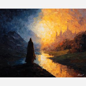 light magic,dark magic,balanced mage,split landscape,fantasy art,oil painting,afremov style