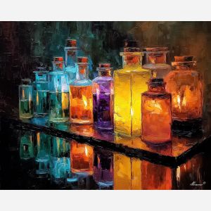 alchemy minimal,magic bottles,oil painting,afremov style