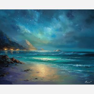 magic runes shore,minimal beach,oil painting,afremov style