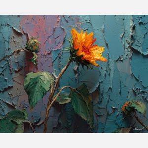 still, stem, palette knife, oil painting, impasto, thick pigment, layered surface, scraped paint, textured strokes, expressive surface, material depth, hand painted, visual balance, atmospheric, color interaction, paint ridges, manual technique