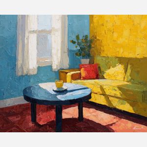 bright, simple, room, palette knife, oil painting, impasto, thick pigment, layered surface, scraped paint, textured strokes, expressive surface, material depth, hand painted, visual balance, atmospheric, color interaction, paint ridges, manual technique