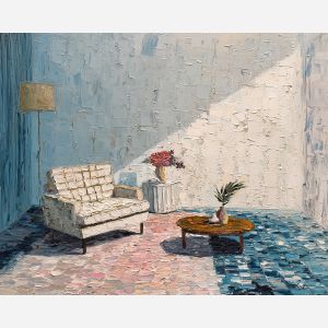 rhythmic, room, palette knife, oil painting, impasto, thick pigment, layered surface, scraped paint, textured strokes, expressive surface, material depth, hand painted, visual balance, atmospheric, color interaction, paint ridges, manual technique