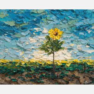 rooted, stem, palette knife, oil painting, impasto, thick pigment, layered surface, scraped paint, textured strokes, expressive surface, material depth, hand painted, visual balance, atmospheric, color interaction, paint ridges, manual technique