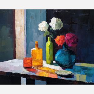 cut, room, palette knife, oil painting, impasto, thick pigment, layered surface, scraped paint, textured strokes, expressive surface, material depth, hand painted, visual balance, atmospheric, color interaction, paint ridges, manual technique