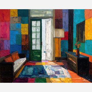 graphic, open, panel, palette knife, oil painting, impasto, thick pigment, layered surface, scraped paint, textured strokes, expressive surface, material depth, hand painted, visual balance, atmospheric, color interaction, paint ridges, manual technique