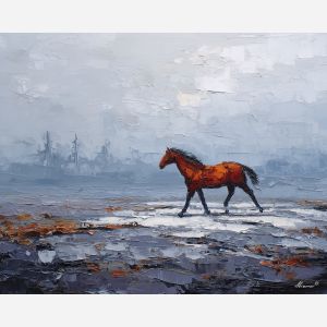 still, distance, palette knife, oil painting, impasto, thick pigment, layered surface, scraped paint, textured strokes, expressive surface, material depth, hand painted, visual balance, atmospheric, color interaction, paint ridges, manual technique