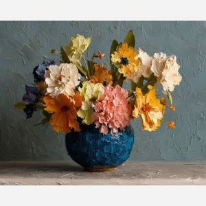 decorative, arrangement, palette knife, oil painting, impasto, thick pigment, layered surface, scraped paint, textured strokes, expressive surface, material depth, hand painted, visual balance, atmospheric, color interaction, paint ridges, manual technique