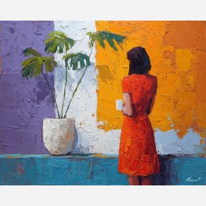 playful, flat, figure, palette knife, oil painting, impasto, thick pigment, layered surface, scraped paint, textured strokes, expressive surface, material depth, hand painted, visual balance, atmospheric, color interaction, paint ridges, manual technique