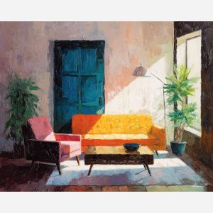 flat, open, interior, palette knife, oil painting, impasto, thick pigment, layered surface, scraped paint, textured strokes, expressive surface, material depth, hand painted, visual balance, atmospheric, color interaction, paint ridges, manual technique