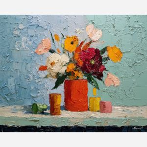 playful, panel, palette knife, oil painting, impasto, thick pigment, layered surface, scraped paint, textured strokes, expressive surface, material depth, hand painted, visual balance, atmospheric, color interaction, paint ridges, manual technique