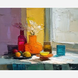 open, composition, palette knife, oil painting, impasto, thick pigment, layered surface, scraped paint, textured strokes, expressive surface, material depth, hand painted, visual balance, atmospheric, color interaction, paint ridges, manual technique