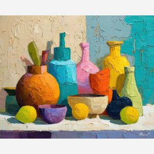 bright, playful, shape, palette knife, oil painting, impasto, thick pigment, layered surface, scraped paint, textured strokes, expressive surface, material depth, hand painted, visual balance, atmospheric, color interaction, paint ridges, manual technique