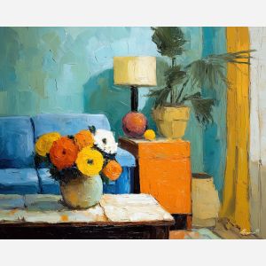 loose, bold, room, palette knife, oil painting, impasto, thick pigment, layered surface, scraped paint, textured strokes, expressive surface, material depth, hand painted, visual balance, atmospheric, color interaction, paint ridges, manual technique