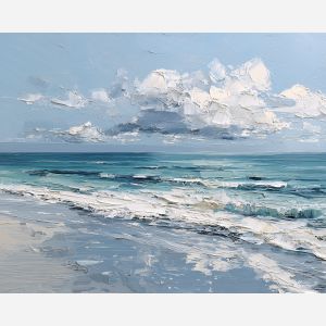 early, salt, horizon, palette knife, oil painting, impasto, thick pigment, layered surface, scraped paint, textured strokes, expressive surface, material depth, hand painted, visual balance, atmospheric, color interaction, paint ridges, manual technique