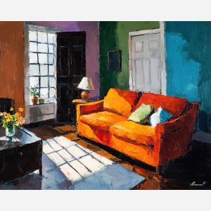 flat, bold, interior, palette knife, oil painting, impasto, thick pigment, layered surface, scraped paint, textured strokes, expressive surface, material depth, hand painted, visual balance, atmospheric, color interaction, paint ridges, manual technique