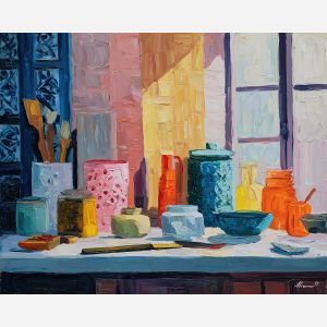 rhythmic, interior, palette knife, oil painting, impasto, thick pigment, layered surface, scraped paint, textured strokes, expressive surface, material depth, hand painted, visual balance, atmospheric, color interaction, paint ridges, manual technique