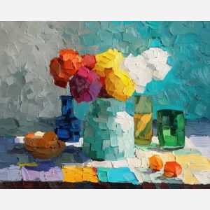 bright, shape, palette knife, oil painting, impasto, thick pigment, layered surface, scraped paint, textured strokes, expressive surface, material depth, hand painted, visual balance, atmospheric, color interaction, paint ridges, manual technique