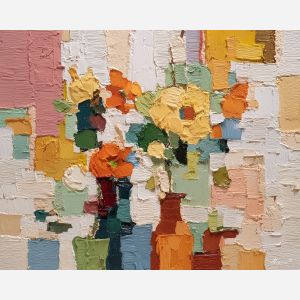 warm, shape, palette knife, oil painting, impasto, thick pigment, layered surface, scraped paint, textured strokes, expressive surface, material depth, hand painted, visual balance, atmospheric, color interaction, paint ridges, manual technique