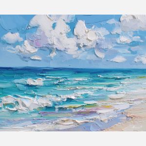 windy, shore, palette knife, oil painting, impasto, thick pigment, layered surface, scraped paint, textured strokes, expressive surface, material depth, hand painted, visual balance, atmospheric, color interaction, paint ridges, manual technique