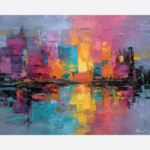 rhythmic, bright, space, palette knife, oil painting, impasto, thick pigment, layered surface, scraped paint, textured strokes, expressive surface, material depth, hand painted, visual balance, atmospheric, color interaction, paint ridges, manual technique