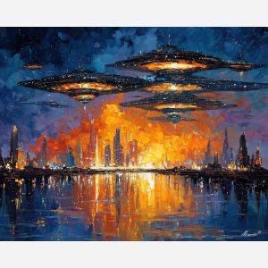 floating city,futuristic magic,sky architecture,oil painting,afremov style