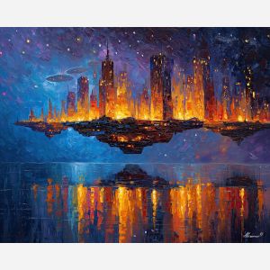 floating city,futuristic magic,sky architecture,oil painting,afremov style