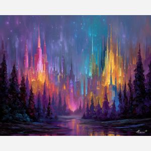 futuristic city,magical architecture,neon spires,oil painting,afremov style