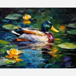duck pond,bird painting,oil painting,afremov style