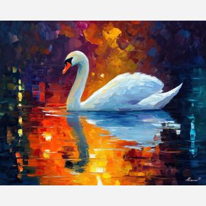 swan lake,calm water,bird painting,oil painting,afremov style