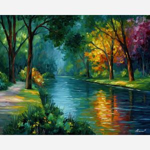 riverbank calm,nature scene,oil painting,afremov style