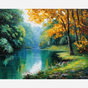 riverbank stillness,nature scene,oil painting,afremov style