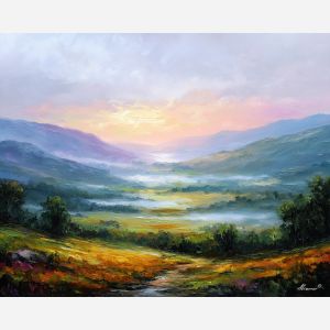 valley landscape,morning mist,soft light,oil painting,afremov style,nature