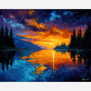 lake reflection,still water,oil painting,afremov style