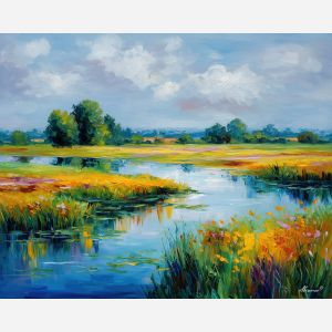 lowland river,fields landscape,oil painting,afremov style