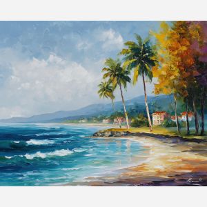 coastal landscape,calm sea,oil painting,afremov style