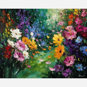 floating petals,garden plants,oil painting,afremov style