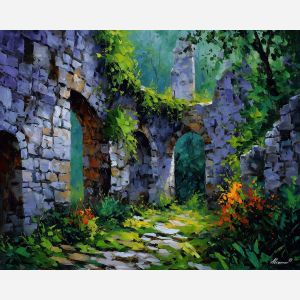 moss plants,ancient ruins,oil painting,afremov style