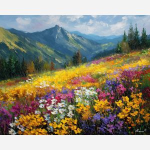 sunlit ridge,flowers,oil painting,afremov style