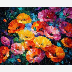 sunlit flowers,magical blossoms,oil painting,afremov style