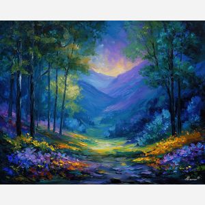 fantasy valley,glowing plants,oil painting,afremov style