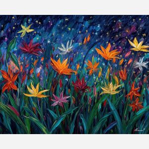 fantasy plants,star blooms,oil painting,afremov style