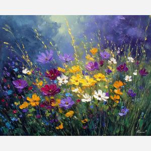 wildflowers,magical meadow,oil painting,afremov style