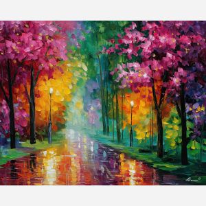 flowers in rain,fantasy grove,oil painting,afremov style