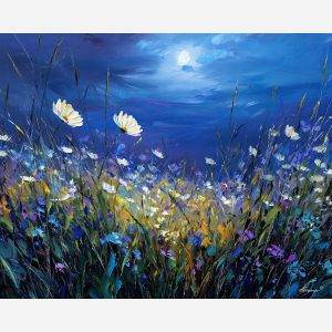 moonlit flowers,meadow plants,oil painting,afremov style